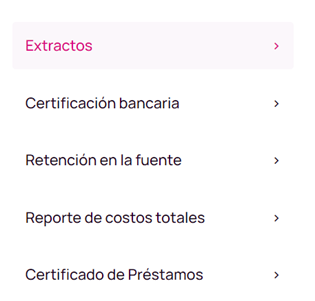 Pantalla opciones de certificados en Nequi