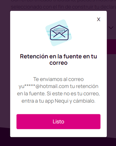 Confirmación de envío documento Nequi al correo electrónico