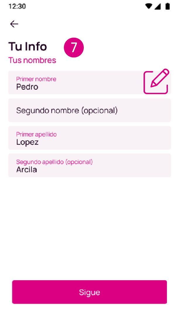 Pantalla para completar nombres en la app Nequi