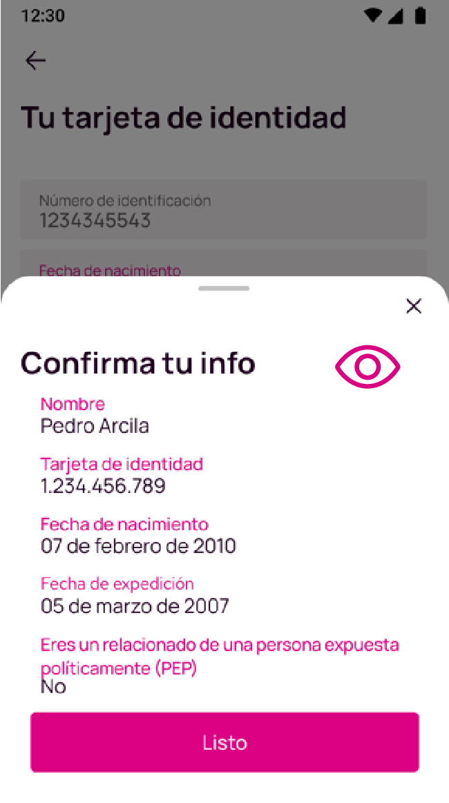 Pantalla de Confirmación de info en la app Nequi