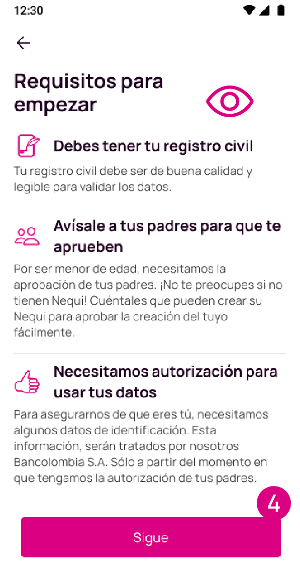 Pantalla de Requisitos para crear Nequi