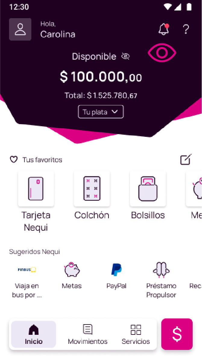 Pantalla con el icono de la campanita en la app Nequi