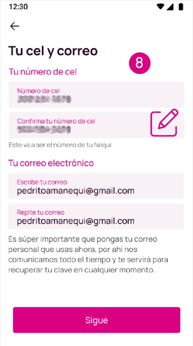 Pantalla para completar el correo electrónico y el número de Celu de la app Nequi