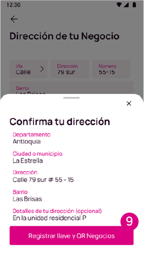 Opción para registrar llave y QR Negocios en Nequi