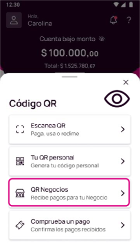 Opción QR Negocios en la app Nequi