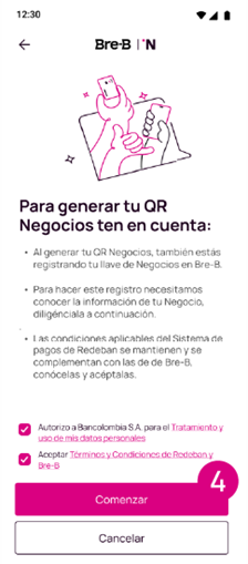 Opción para aceptar los términos y condiciones al generar el QR Negocios en la app Nequi