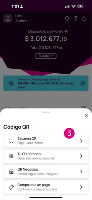 Opción para escanear un código QR en la app Nequi