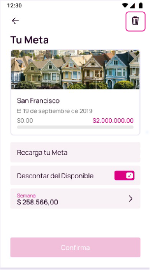 Opción para eliminar tu meta en la app Nequi