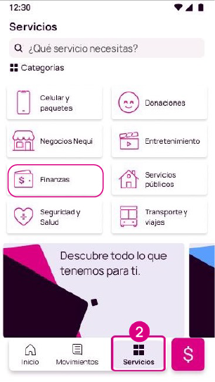 Opción servicios y finanzas en la app Nequi