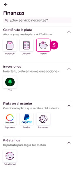 Opción Metas en la app Nequi