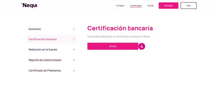 Opción certificación bancaria en la web Nequi