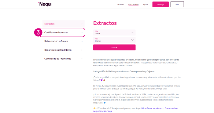 Opción certificados en la web Nequi