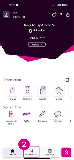 Opción movimientos en la app Nequi