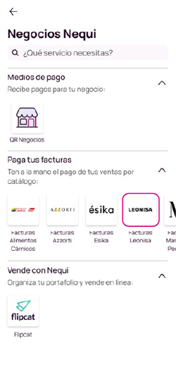 Pantalla Facturas Leonisa en la app Nequi