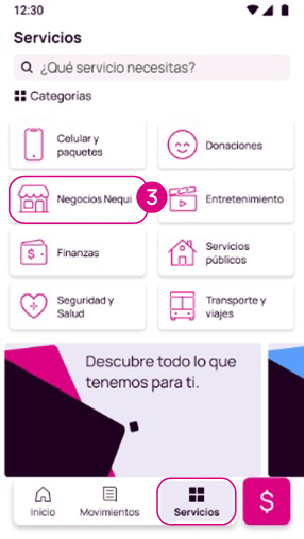 Pantalla Negocios Nequi en la app
