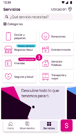 Pantalla de Servicios Públicos en la app Nequi