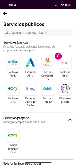 Pantalla Facturas Enel en la app Nequi