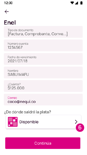 Pantalla de Dónde saldrá la plata para pagar la factura Enel en Nequi