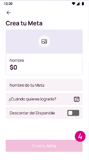 Pantalla sobre los datos de la meta, el monto a ahorrar, nombre y si quieres que se descuente atómicamente.  de la meta