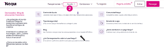 Opción Ayuda en el menú de la web Nequi