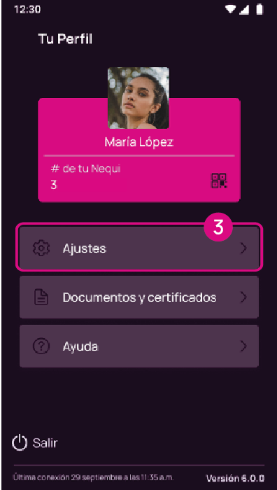 Opción ajustes en la app Nequi