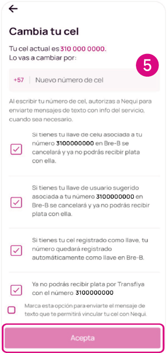 Opción para cambiar el cel en la app Nequi