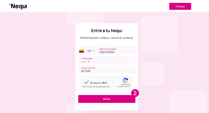 Pantalla de ingreso a la página web de Nequi