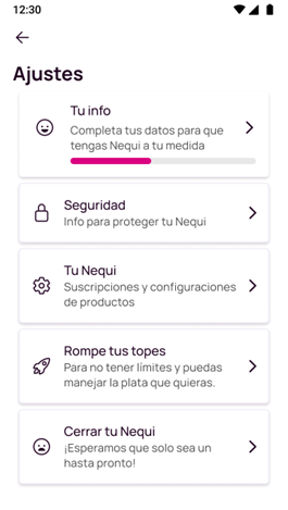 Opción ajustes en la app Nequi