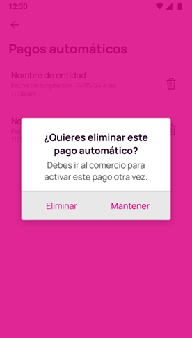 Confirmación para eliminar un pago automático en la app Nequi
