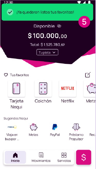 Mensaje de confirmación de Favoritos en la app Nequi