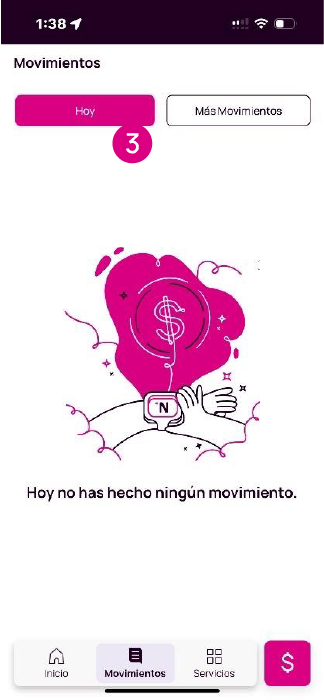 Pantalla con opción de Hoy y Más Movimientos de la app Nequi