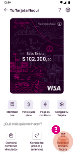 Opción rastrear y activar la tarjeta Nequi