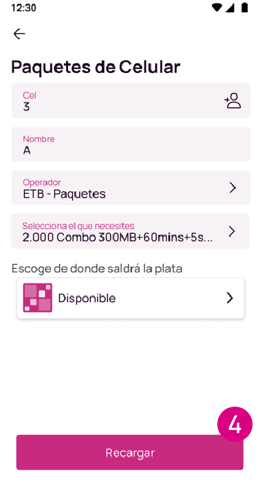Pantalla de datos para hacer la compra del paquete en la app Nequi