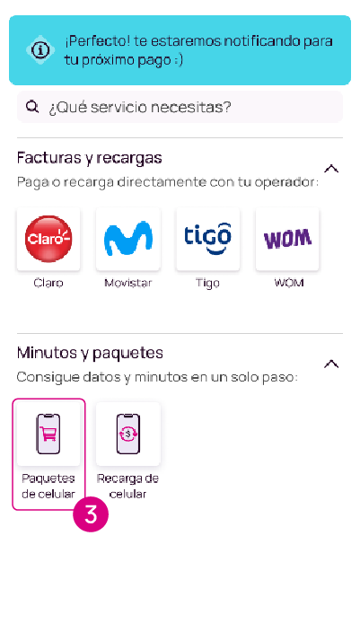 Pantalla de Paquetes de celular en la app Nequi