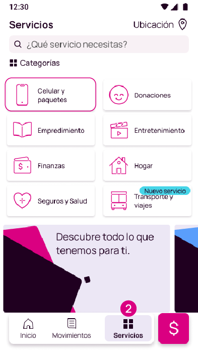 Pantalla de Servicios y Paquetes de Celulares en la app Nequi