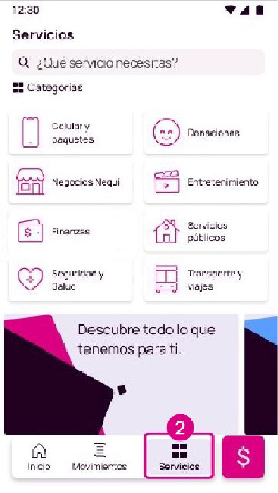 Pantalla de Servicios en Nequi