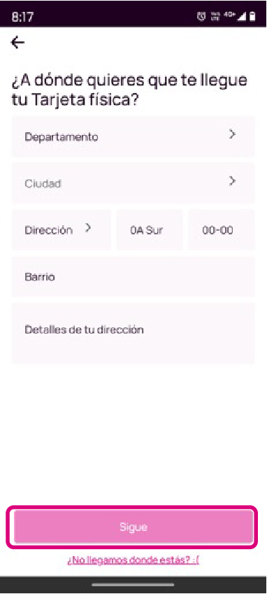 Pantalla para ingresar los datos de entrega de la Tarjeta Nequi