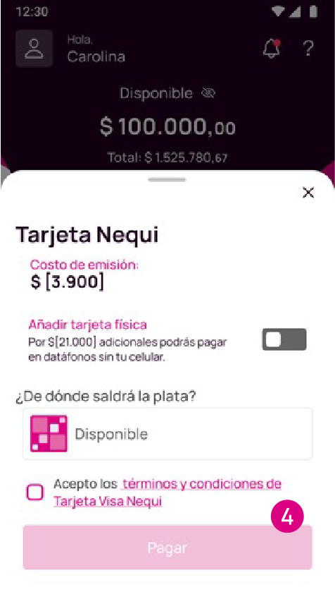 Confirmación del cobro de la tarjeta Nequi Visa