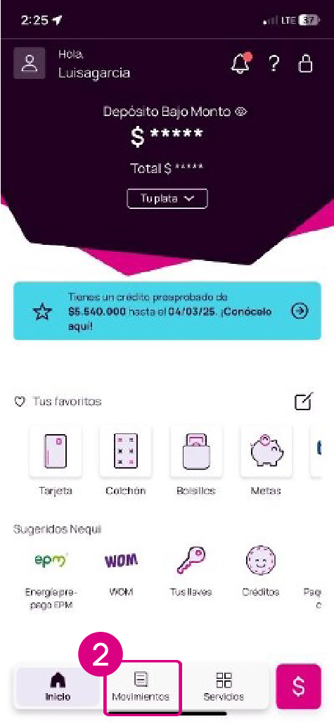 Opción Movimientos en la pantalla principal app Nequi