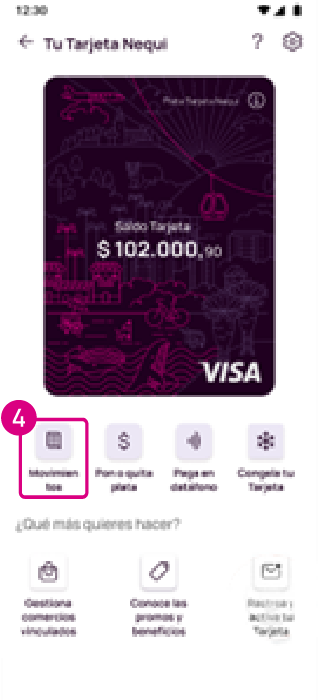 Opción movimientos de la Tarjeta Nequi Visa