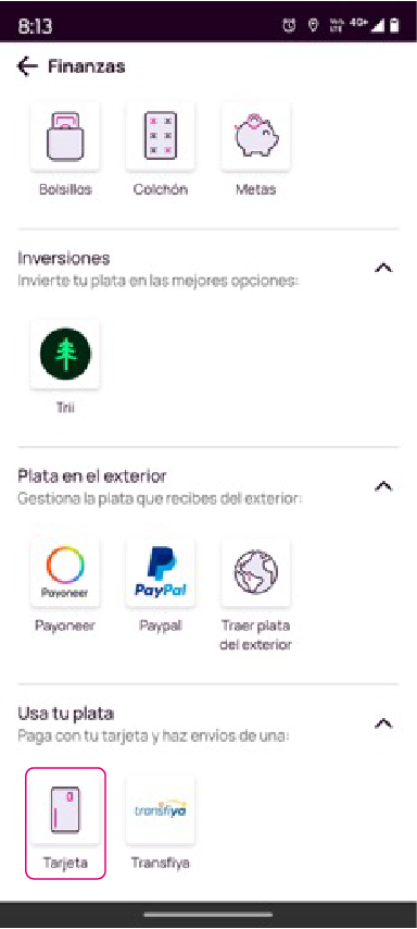 Opción Tarjeta en Usa tu plata de la app Nequi