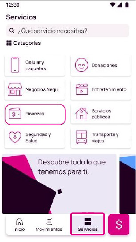 Opción Servicios y Finanzas en la app Nequi