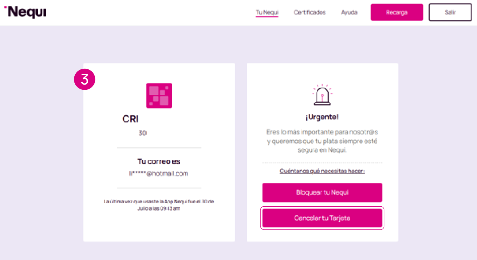 opción de cancelar definitivamente la Tarjeta Nequi