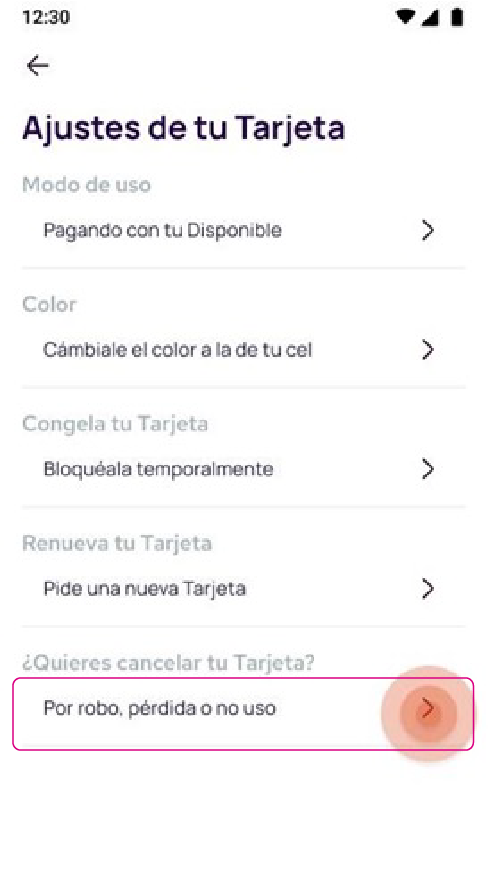Opción de cancelar la tarjeta Nequi