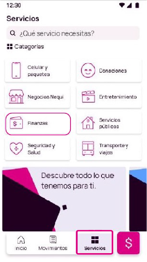 Opción Servicios y Finanzas en la app Nequi