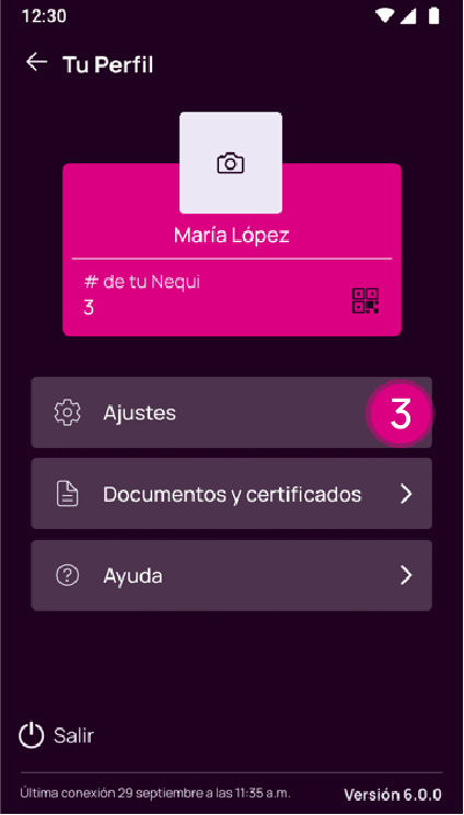 Pantalla de ajustes en la app Nequi