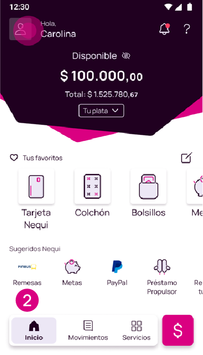 Pantalla de sugeridos en Nequi