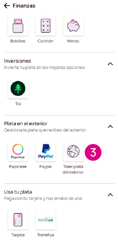 Pantalla de Traer plata del exterior en Nequi