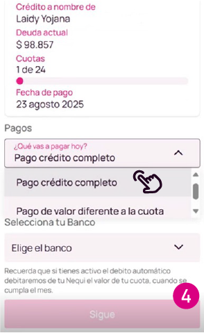 Pantalla pago crédito completo en Nequi