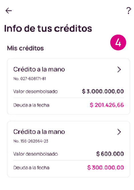 Pantalla de Información de tus créditos en Nequi